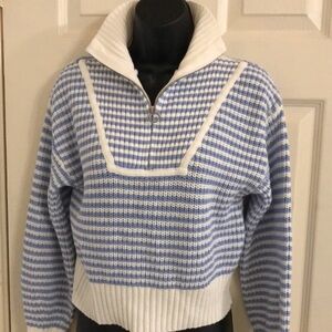 Jessica Simpson blue‎ ecru stripe henley style quarter zipup sweater size medium